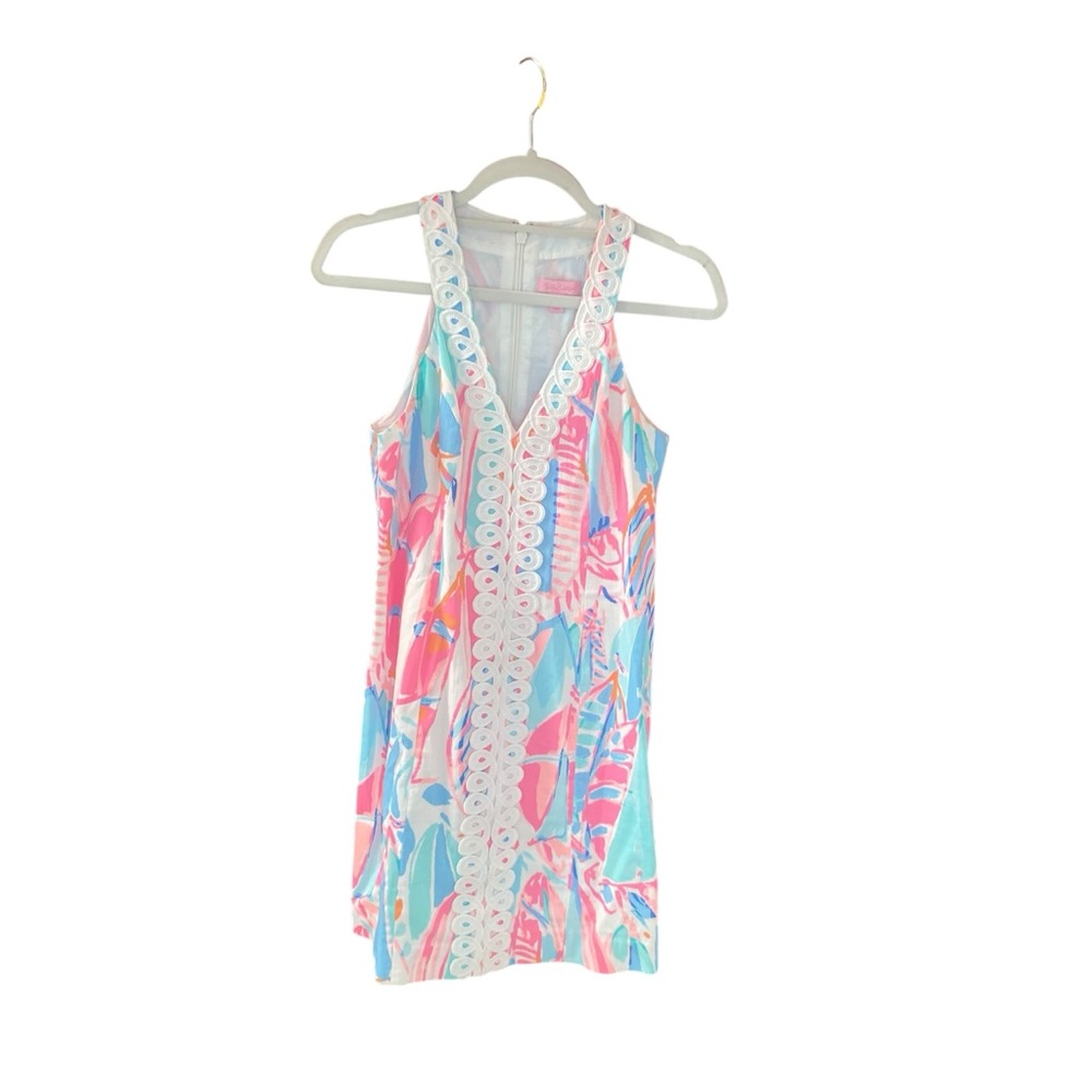 Lilly Pulitzer Pink & Blue Floral Dress Women’s Size 2 White Ric Rac Trim Back Z